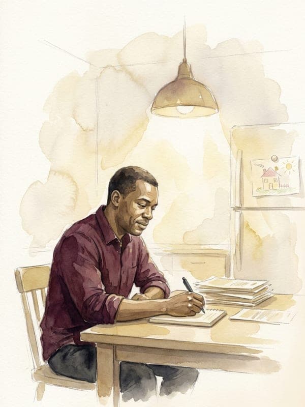 Watercolour of a man at a kitchen table under a lamp in the evening, writing in a notebook beside neat piles of papers.