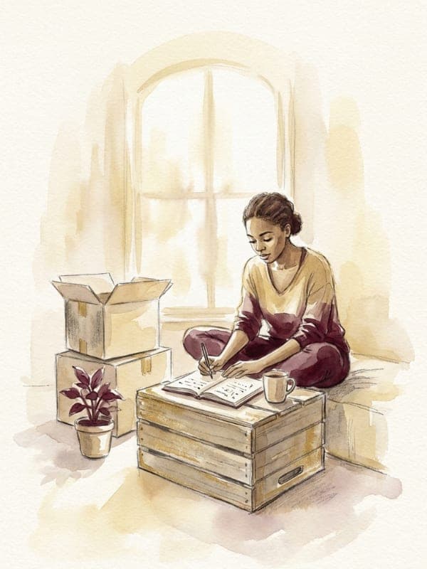 Watercolour of a young woman sitting in a new apartment, writing a plan in a notebook on a wooden crate beside moving boxes and a plant.
