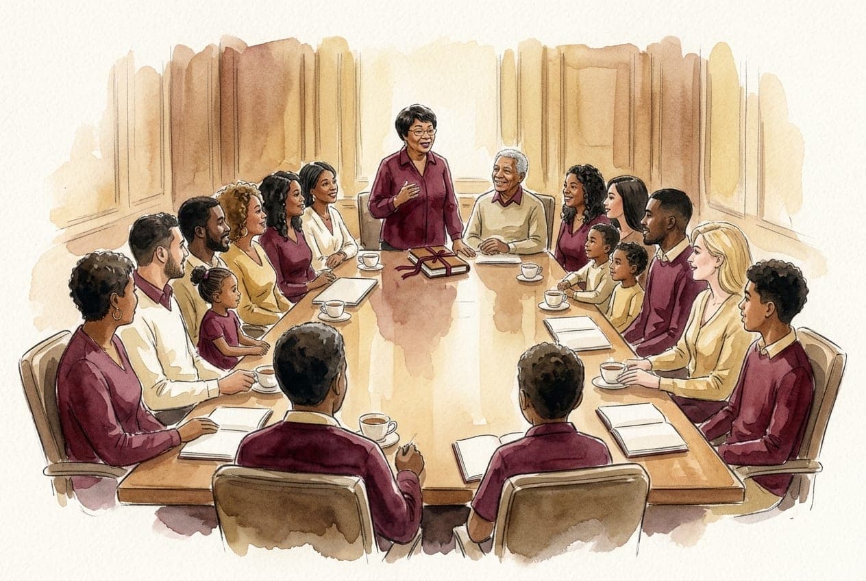 Watercolour of Junah smiling across a sunlit table, sharing advice over tea and an open notebook.