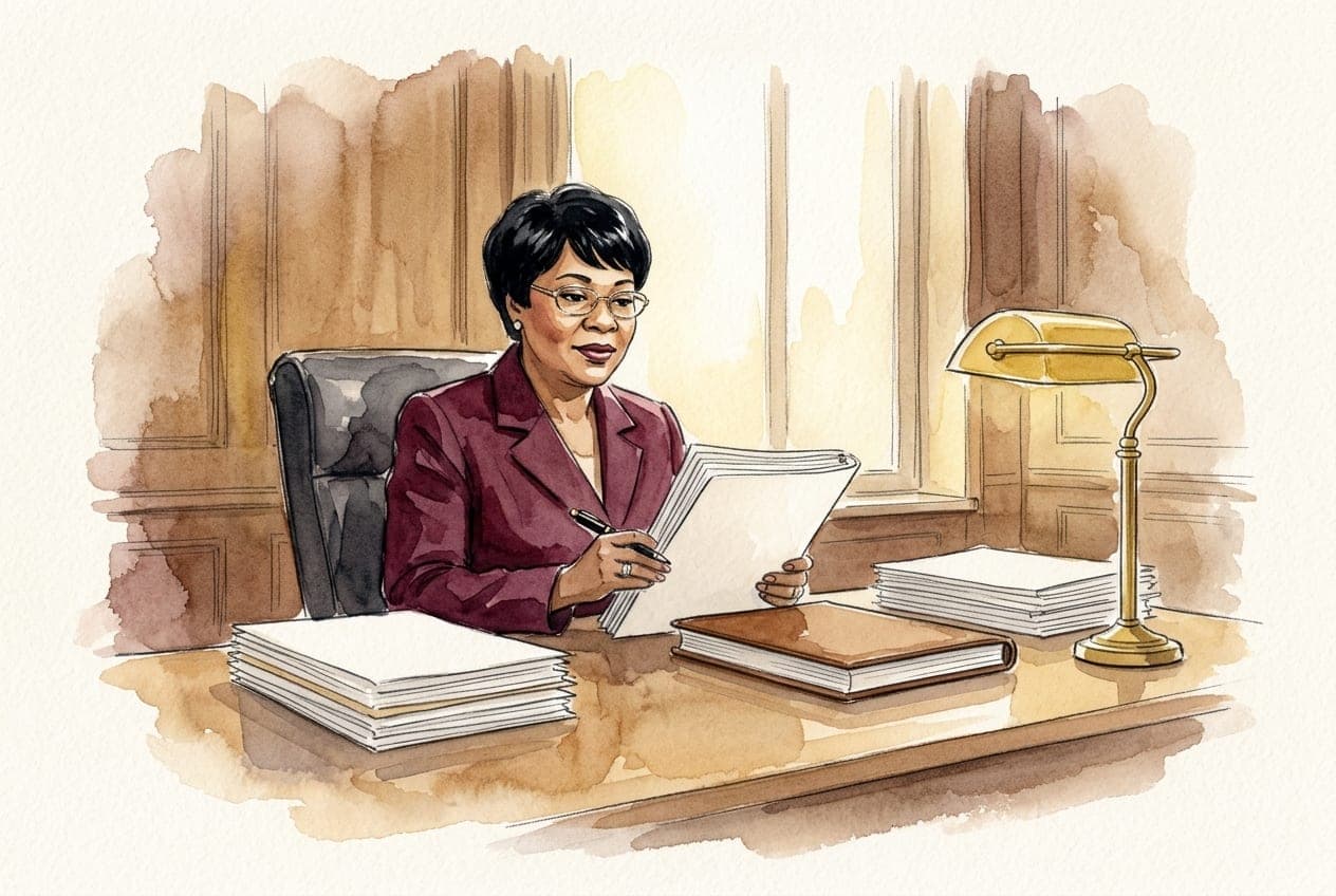 Watercolour of Junah in a burgundy suit reviewing files at an oak desk in a wood-panelled bank office, a brass lamp beside her.