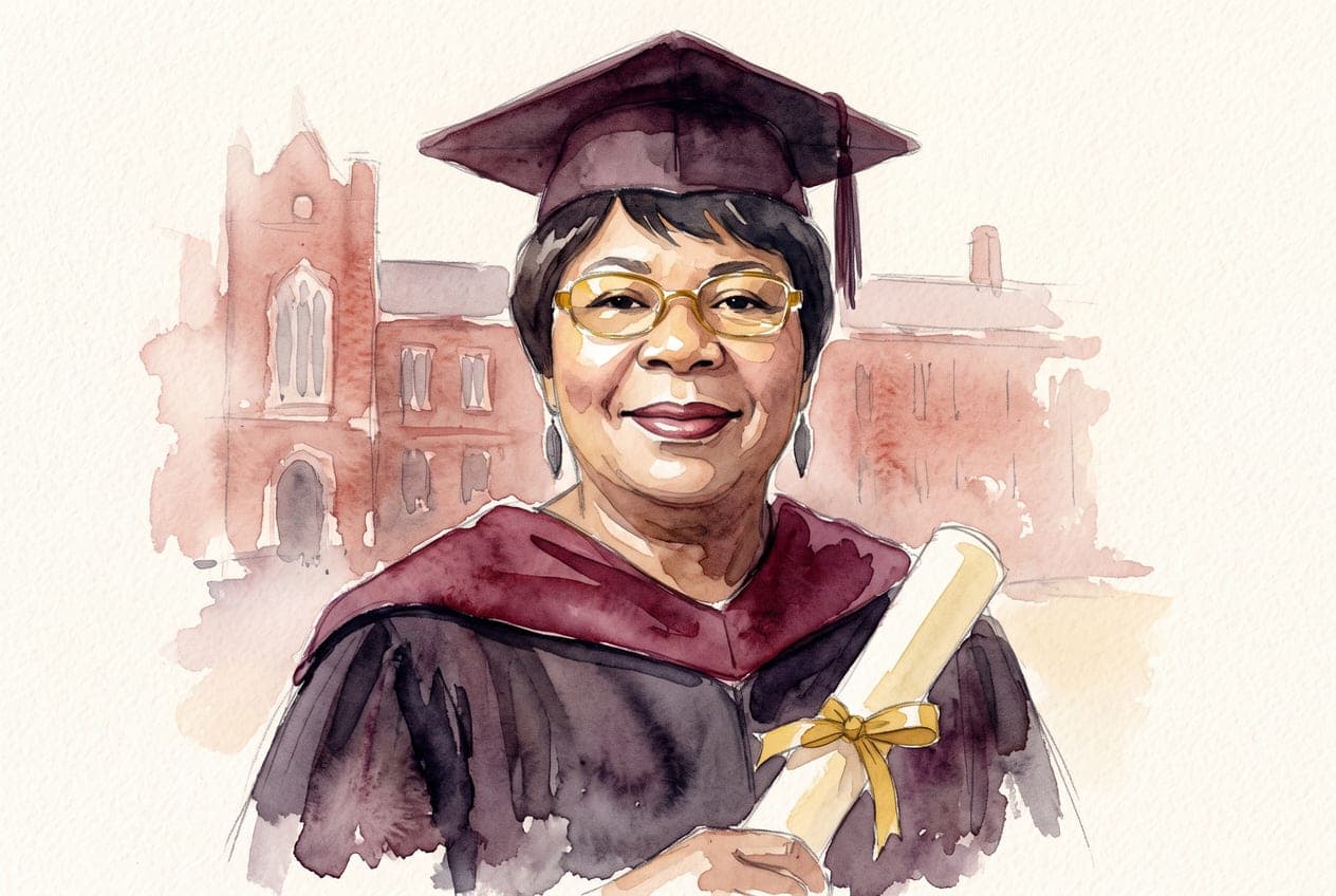 Watercolour of Junah in a graduation cap and gown, holding a scroll tied with gold ribbon in front of a red-brick university building.