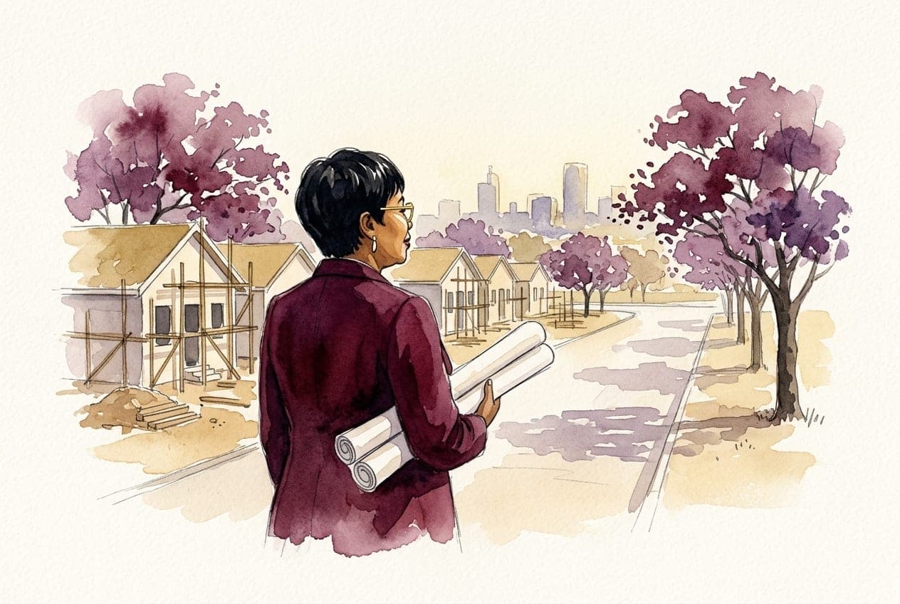 Watercolour of Junah, seen from behind with rolled plans under her arm, looking over new homes being built along a jacaranda-lined road in Harare.
