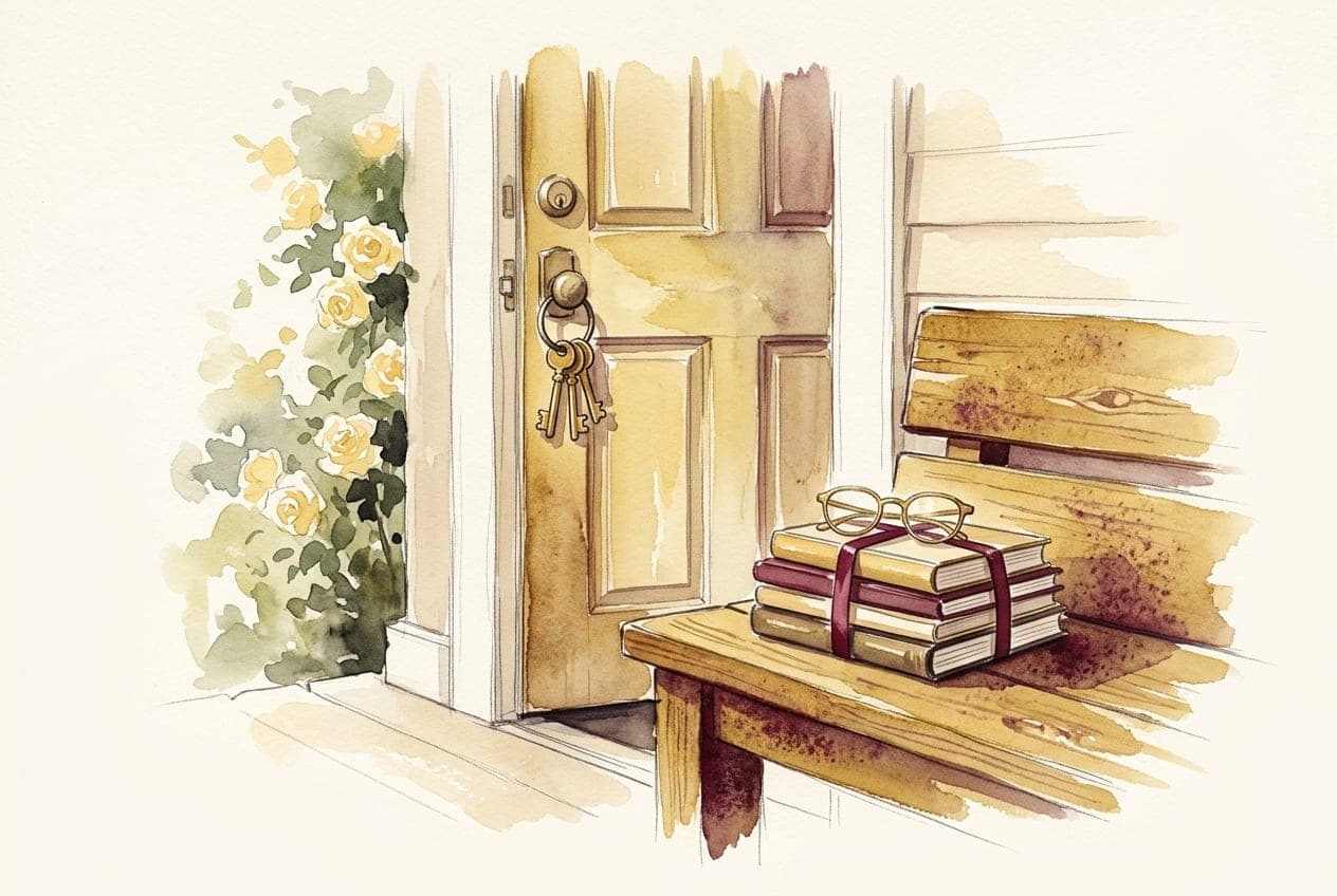 Watercolour of a front door with keys in the lock, beside a bench holding a stack of books tied with burgundy ribbon and a pair of gold-rimmed glasses.