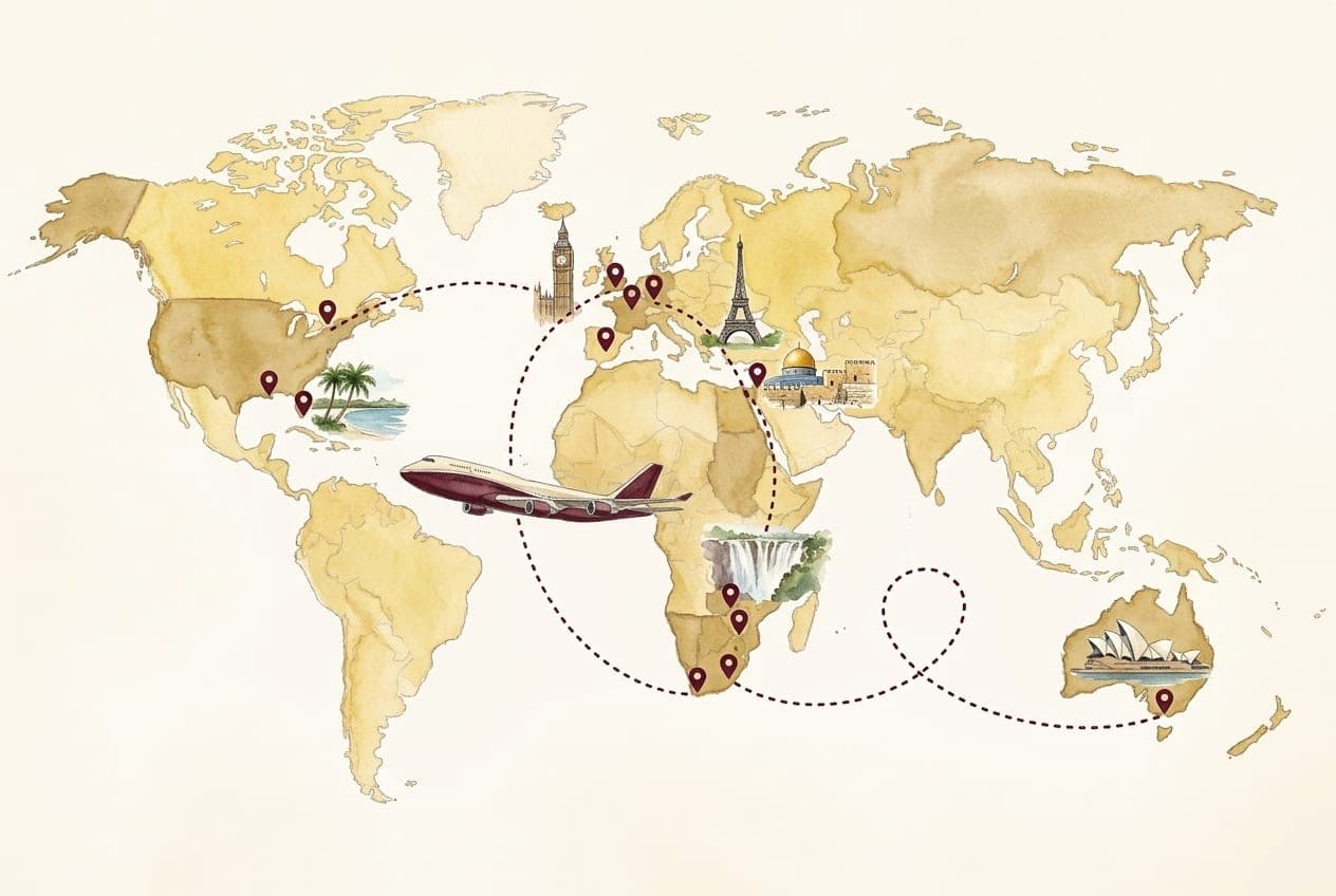 Watercolour world map with an aeroplane tracing a dotted route from southern Africa to Europe, Jerusalem, the United States and Australia, with landmarks including Victoria Falls, the Eiffel Tower and the Sydney Opera House.